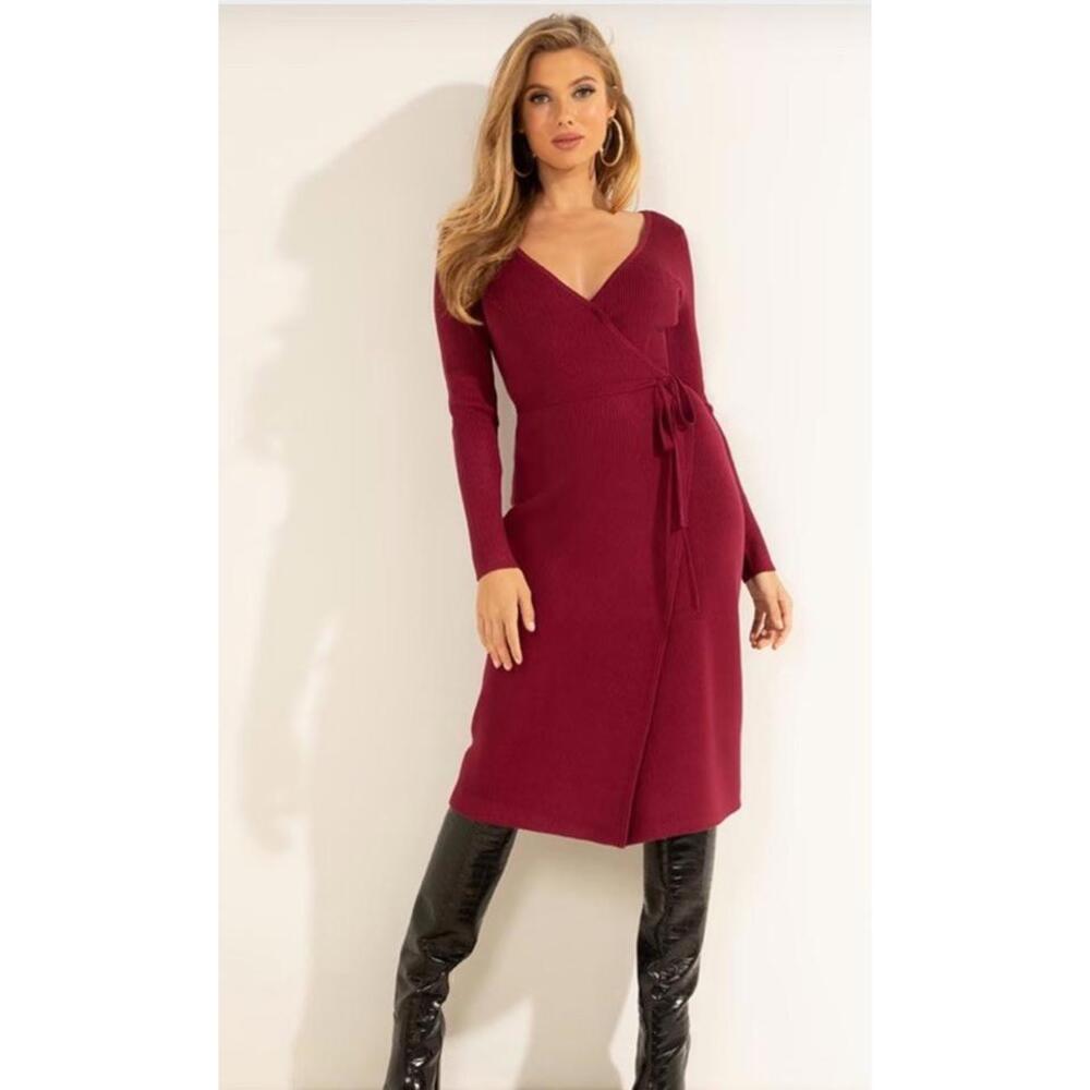 Work Siren Guess Everly Long Slve Wrap Sweater Dress Garnet Wine Midi V Neck - Picture 2 of 8